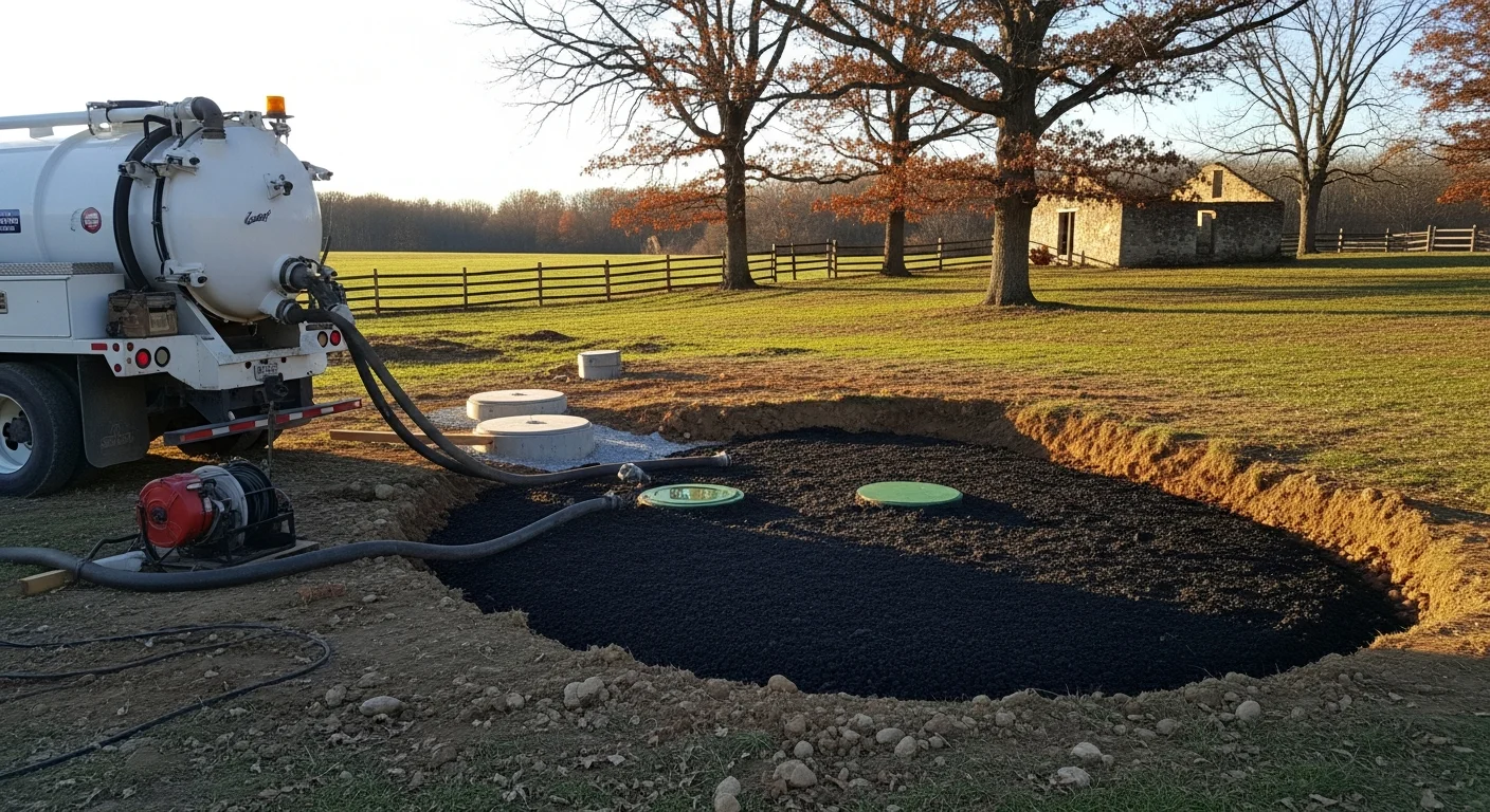 Septic tank service truck performing maintenance on residential property