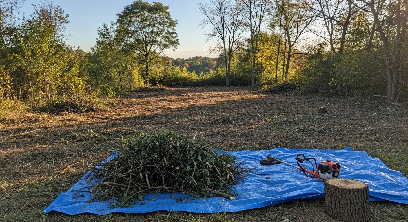 A cleared residential yard in Dillsburg, PA after brush removal, showing open ground where dense overgrown shrubs and woody vines have been cut back and hauled away. The lot edge is clean and defined against a backdrop of remaining mature trees.