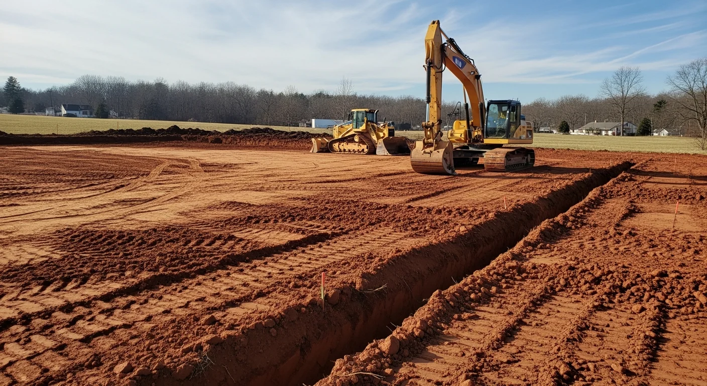 A commercial excavation site in Dillsburg, Pennsylvania showing a tracked excavator cutting a foundation trench on a cleared lot. Exposed red shale and clay soil layers are visible along the trench wall.