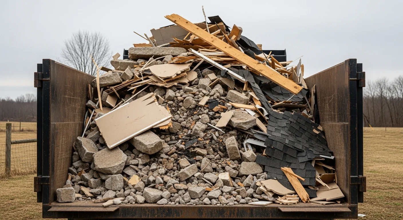 A BDS Services heavy-duty haul truck loaded with construction and yard debris at a residential property in Dillsburg, Pennsylvania. The cleared lot shows a clean work area ready for the next phase of a renovation or grading project.