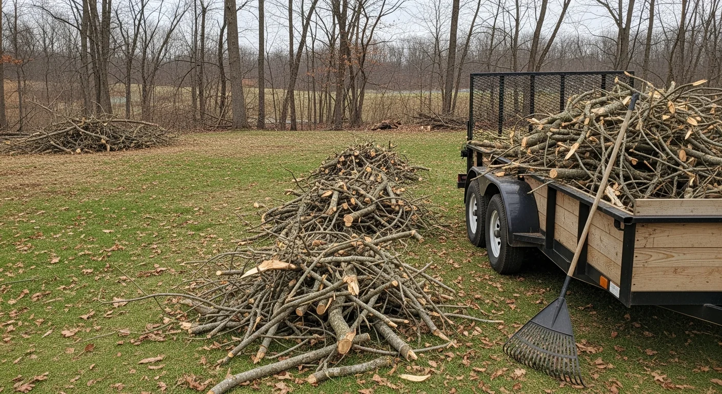 A cleared residential backyard in Dillsburg, Pennsylvania after debris removal, showing bare lawn and tidy landscape beds with no brush piles or leaf accumulation. A BDS Services crew loads the last of the yard waste into a truck parked on the property.