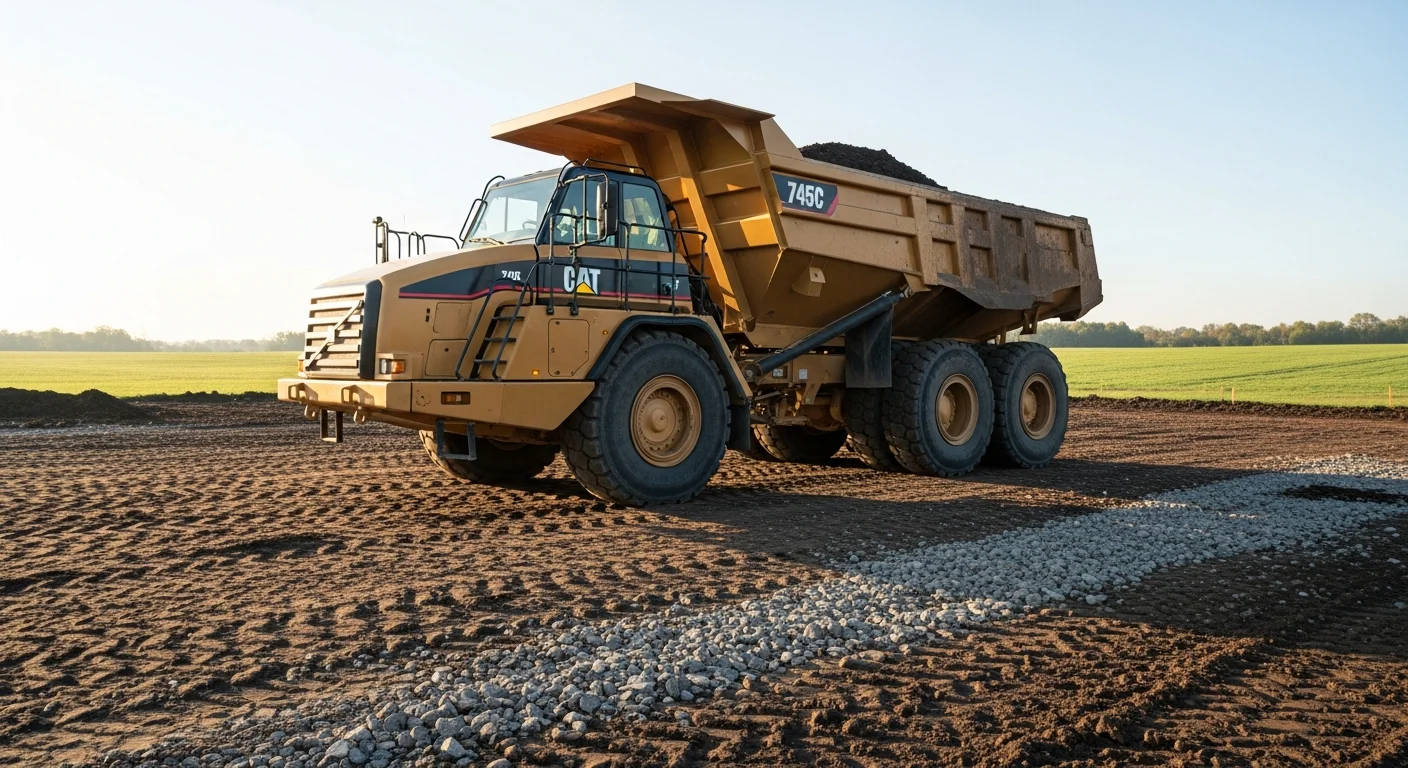 A heavy-duty dump truck parked on a graded job site in Dillsburg, Pennsylvania, with a load of excavated soil ready for transport. Rolling terrain and a cleared building lot are visible in the background.
