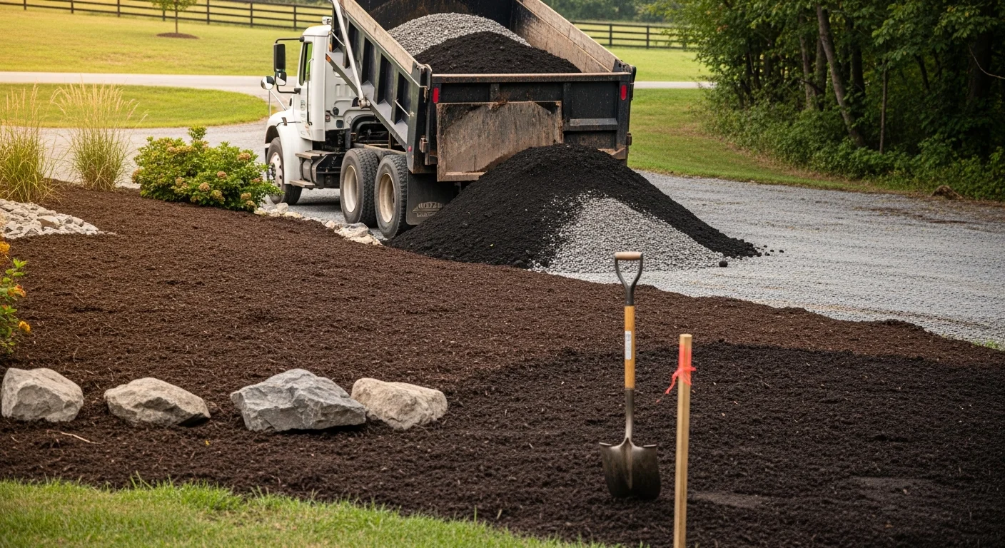 A dump truck unloading a large pile of topsoil onto a residential property in Dillsburg, PA, with a sloped yard and wooded hillside visible in the background. A landscaping crew prepares the area for grading near the freshly deposited material.