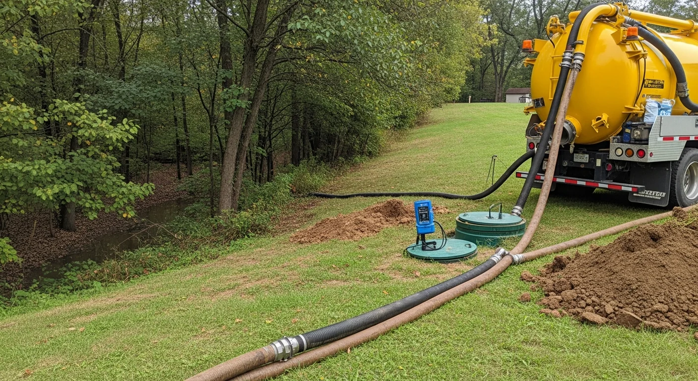 A BDS Services technician operating a pump truck at a residential property in Dillsburg, Pennsylvania, with a septic tank access lid open in a rural yard. The scene shows an active emergency septic pump-out on an on-lot disposal system.