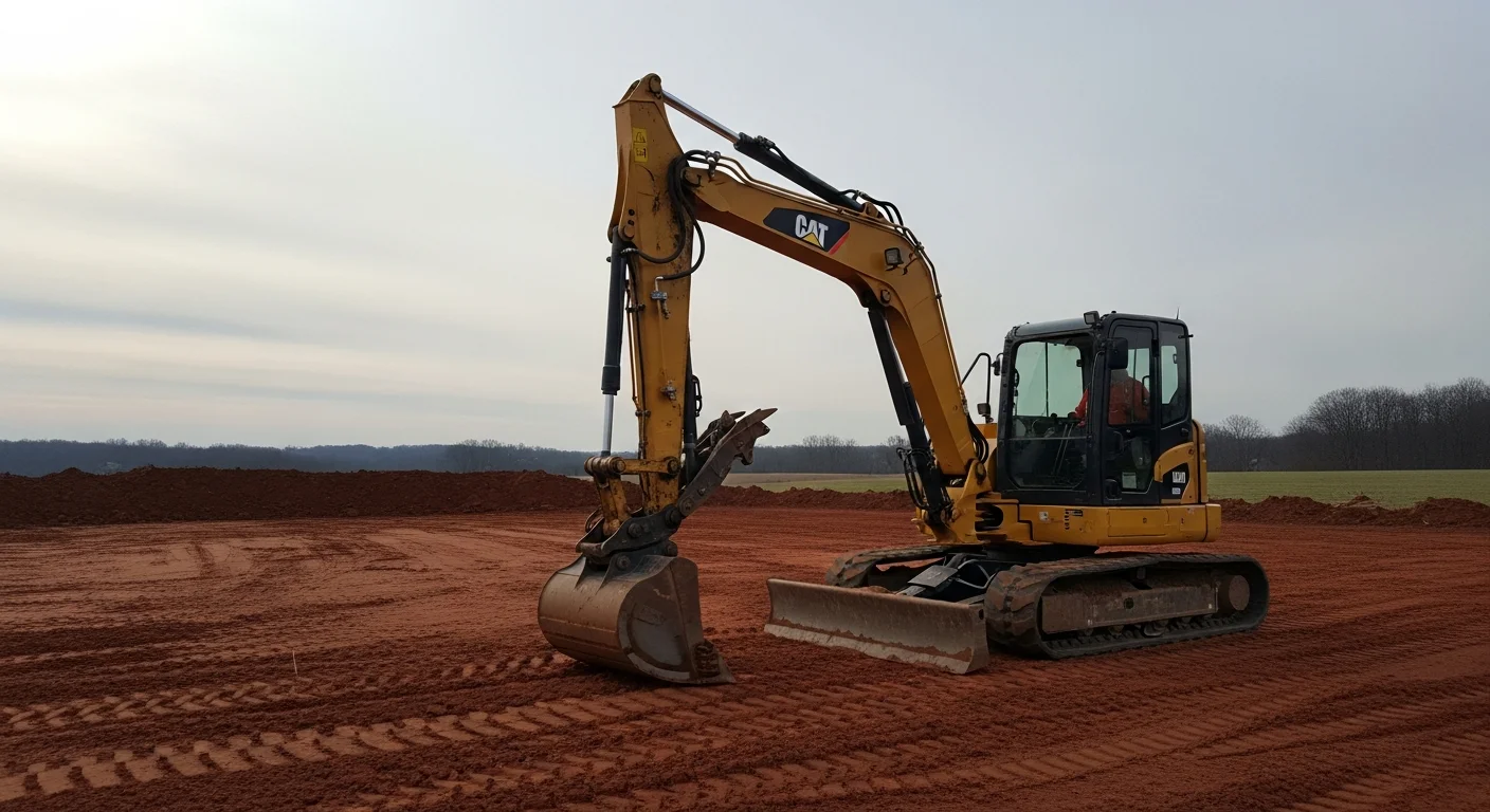 A compact track loader grading a sloped residential lot in Dillsburg, Pennsylvania, with red shale soil visible along the cut edge. A rural tree line and rolling York County terrain appear in the background.