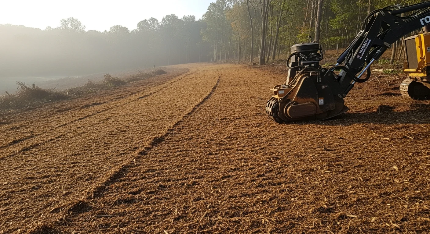 A Dillsburg, PA property after forestry mulching, showing cleared ground covered in a layer of shredded wood mulch where dense brush and small trees once stood. Open sight lines and a clean property edge are visible across the rolling York County terrain.