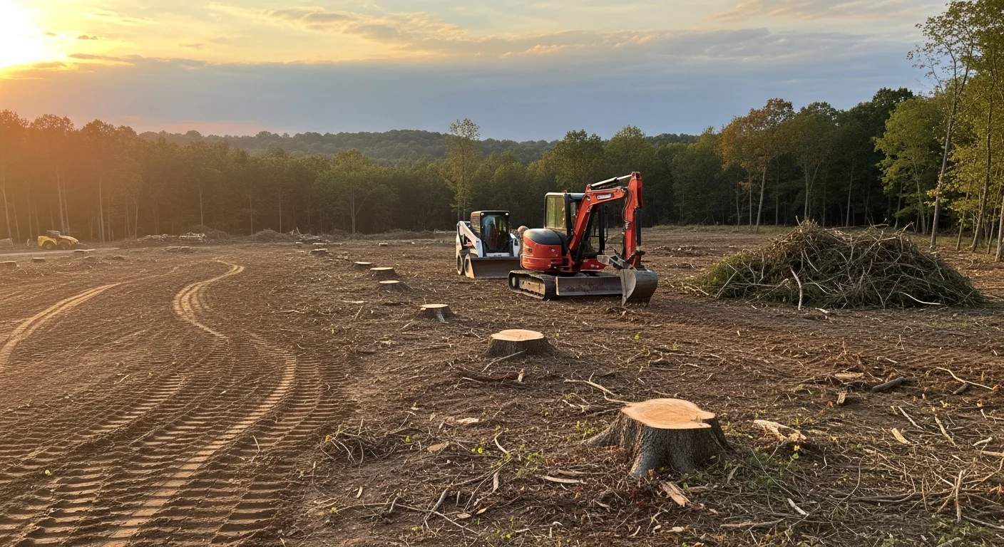 A freshly cleared residential lot in Dillsburg, Pennsylvania with stumps and brush removed and graded soil ready for construction. Heavy excavation equipment is visible at the edge of the cleared site against a backdrop of remaining tree line.