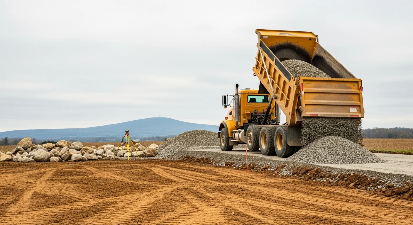 A heavy-duty dump truck loaded with excavated soil parked on a job site in Dillsburg, Pennsylvania, with a graded lot and rural tree line visible in the background. The truck bed is raised mid-dump, offloading fill material onto a cleared construction area.