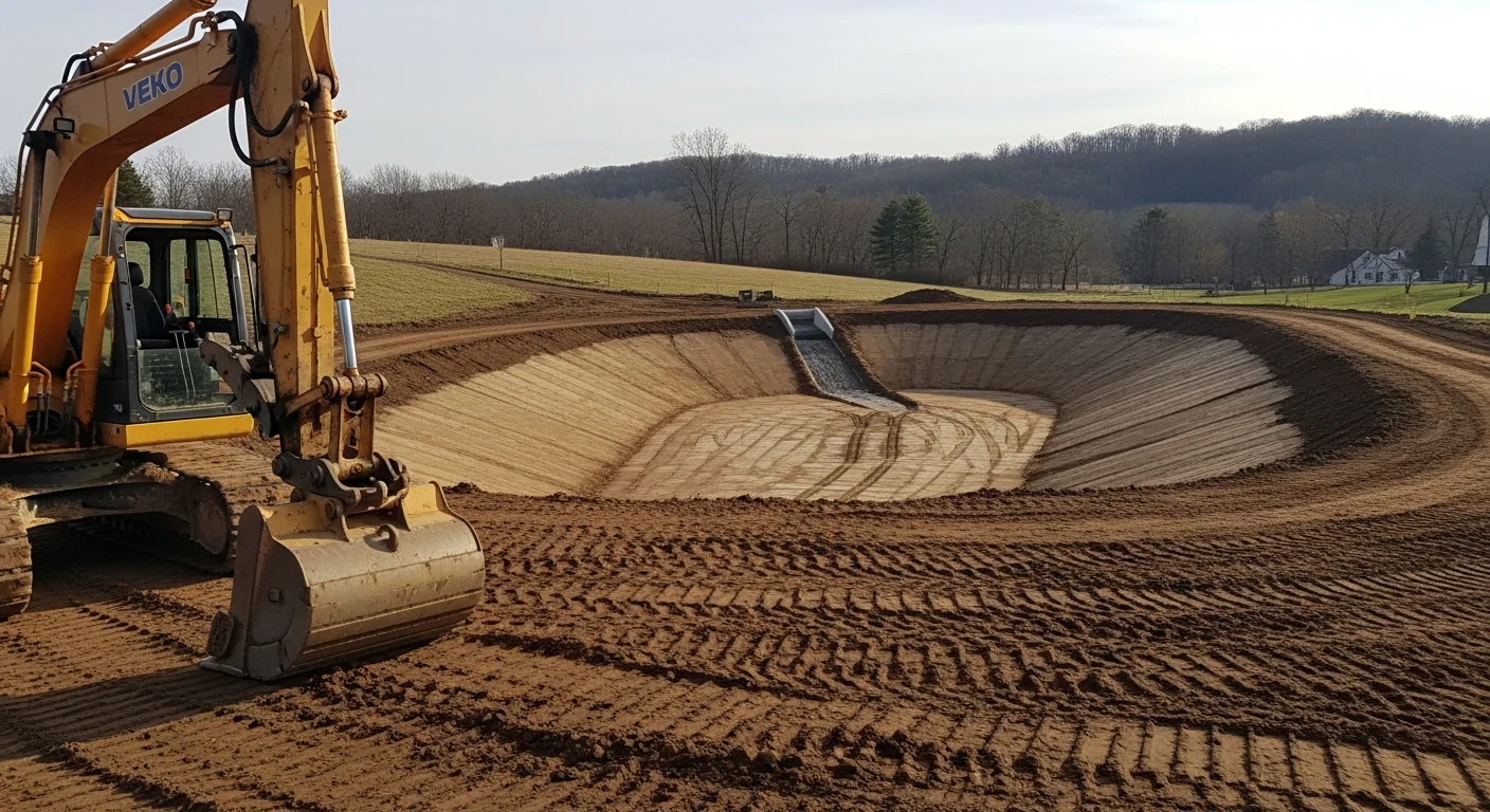 Freshly excavated residential pond with shaped earthen banks and a graded perimeter on a rolling Dillsburg, Pennsylvania property. The basin shows a deep center zone and gradually sloped edges ready for water fill.