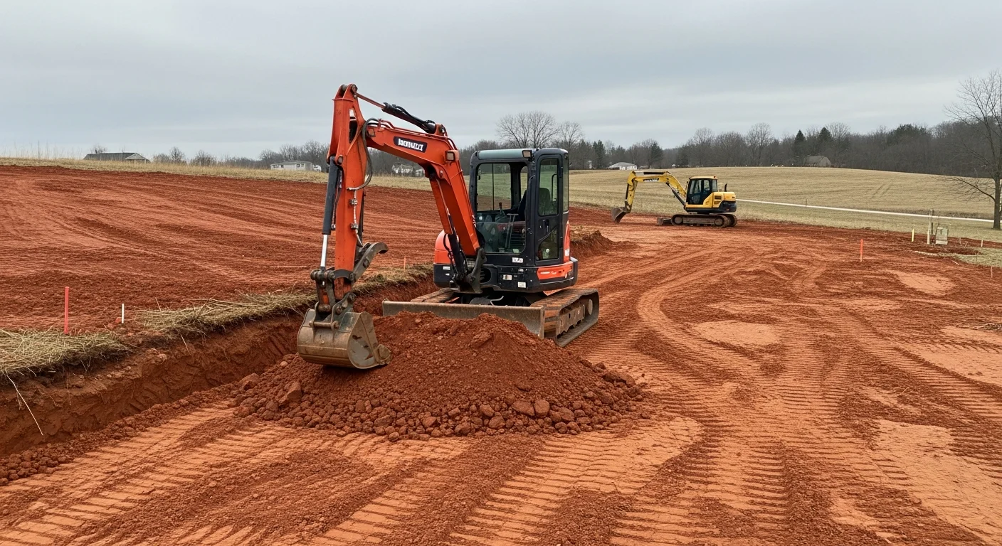 A residential lot in Dillsburg, PA with freshly excavated foundation walls and graded soil ready for construction. An excavator sits at the edge of the dig site on rolling central Pennsylvania terrain.