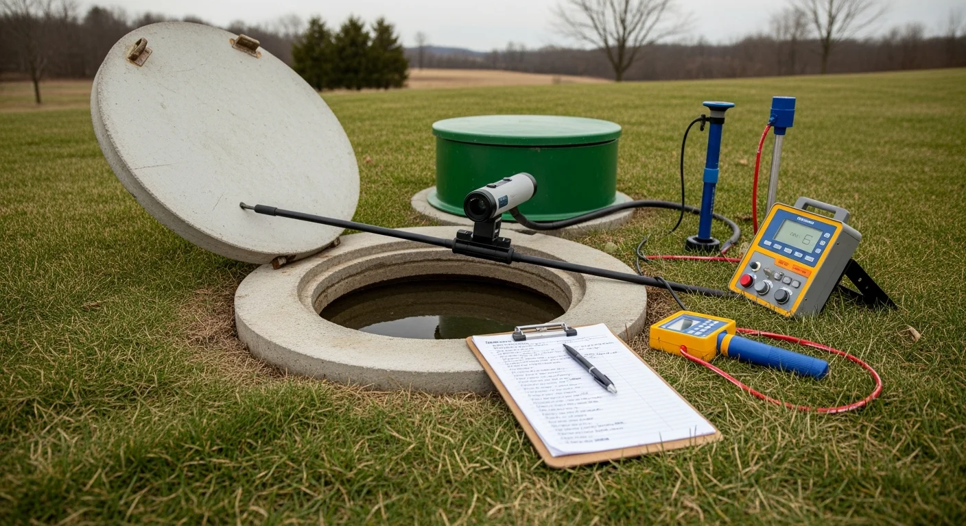 A septic system technician from BDS Services inspecting an open septic tank lid on a residential property in Dillsburg, PA. The surrounding yard and drainfield area are visible in the background on a clear day.