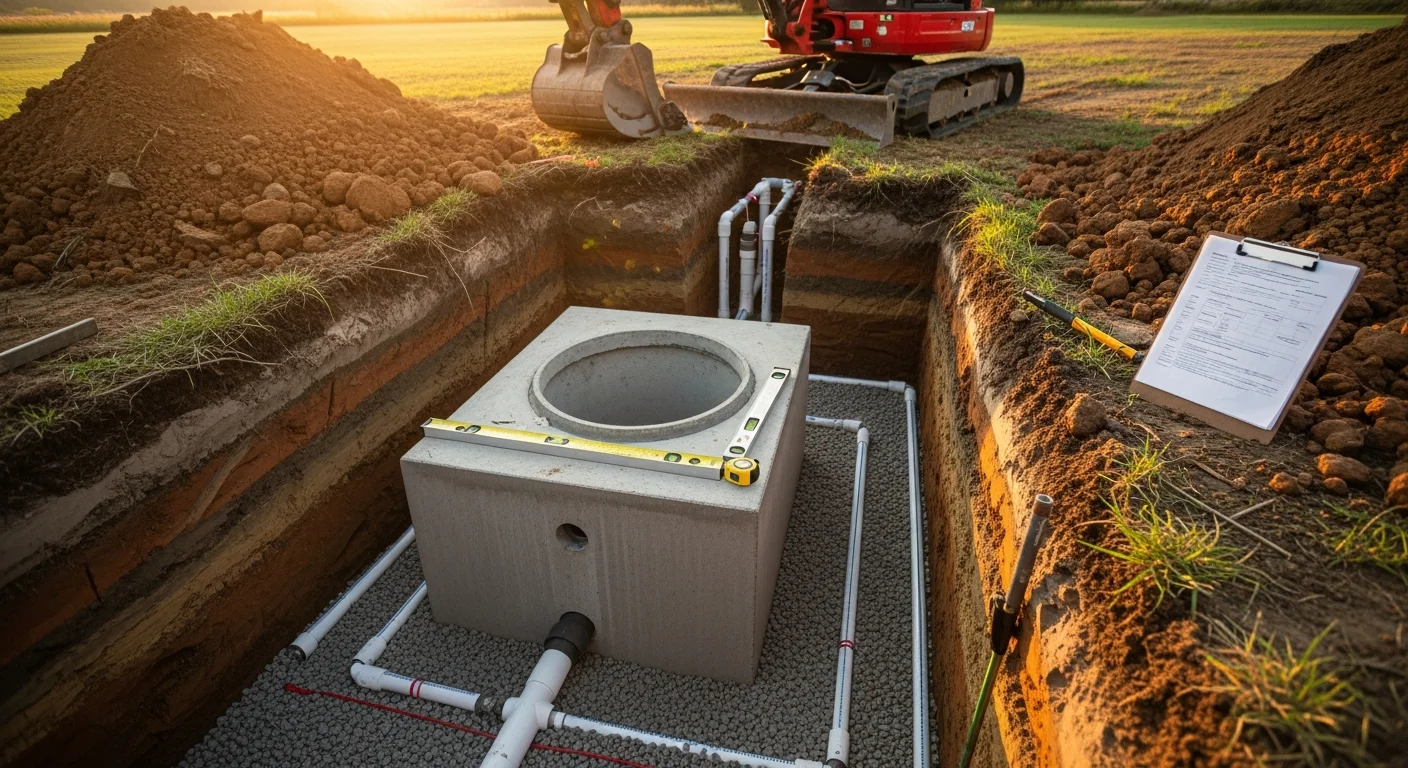 A newly installed residential septic system in Dillsburg, PA, showing a concrete tank set in excavated ground with drain field trenches extending across a rural yard. Fresh soil grading surrounds the installation site on a Northern York County property.