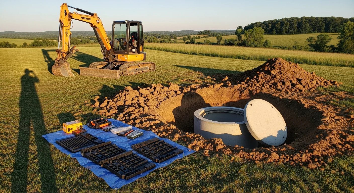 A septic system repair technician inspecting an open concrete tank on a residential property in Dillsburg, PA. The surrounding yard shows a rural northern York County lot with grass and open land in the background.