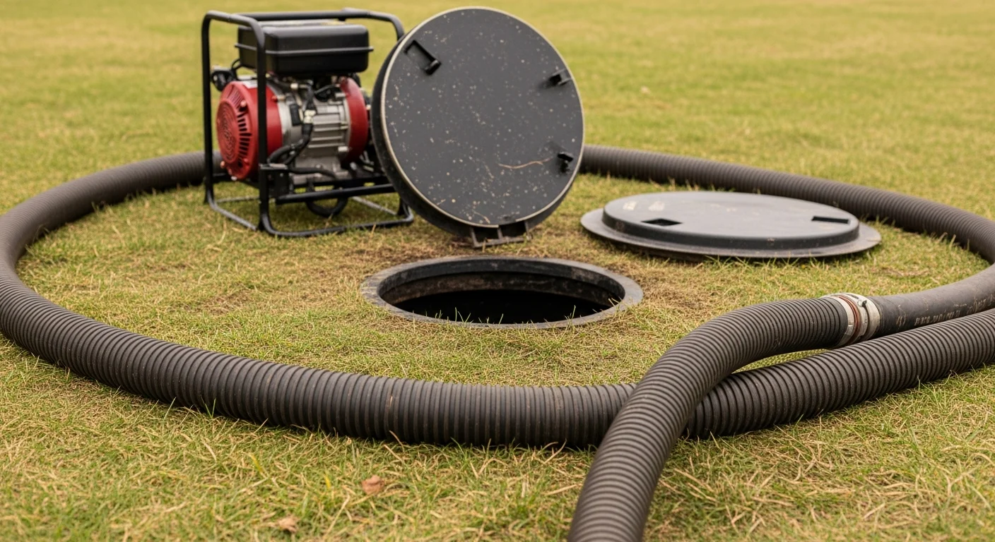 A BDS Services pump truck parked on a residential property in Dillsburg, PA, with a technician operating a vacuum hose inserted into an open septic tank access lid. The surrounding yard shows a typical northern York County rural home setting.