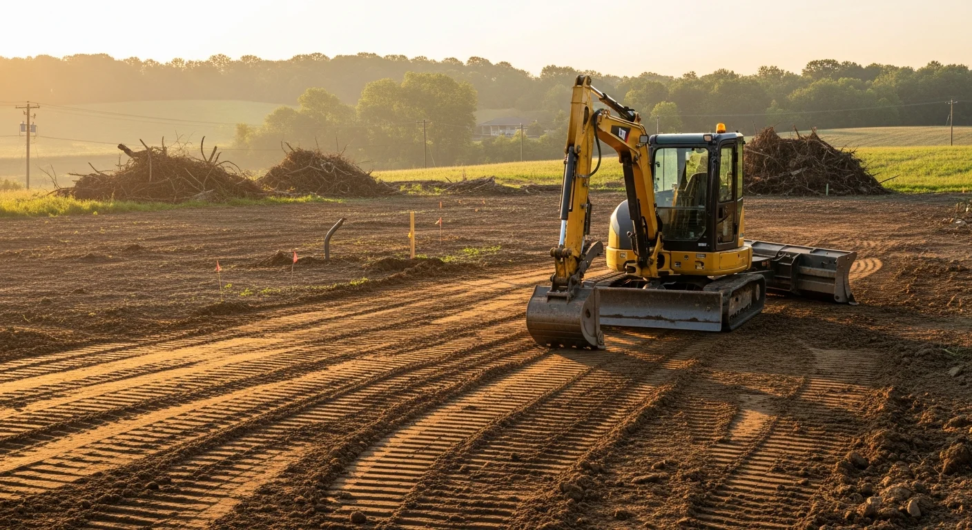 A BDS Services excavator grading and clearing a sloped residential lot in Dillsburg, Pennsylvania, with exposed soil leveled and ready for foundation work. Trees and brush have been removed from the building footprint, and drainage contours are visible across the prepared ground.